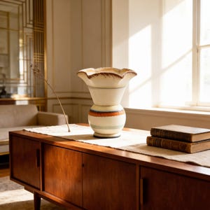 May include: A cream-colored ceramic vase with a ruffled rim and a bulbous base. The vase features horizontal stripes in orange, blue, and green. It sits on a wooden cabinet with two books.