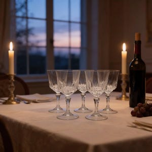 May include: A set of five clear crystal wine glasses with a faceted stem and bowl design arranged on a white tablecloth. A dark wine bottle with a cork stopper and a cluster of purple grapes are placed nearby, flanked by two lit candles in holders.