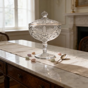 May include: A clear, ornate glass candy dish with a lid, resting on a marble-topped table. The dish features intricate cut glass patterns and a pedestal base. A silver spoon and several pastel candies are nearby.