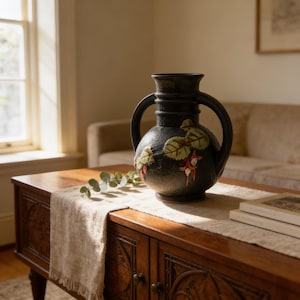 May include: A dark, textured ceramic vase with two handles and a wide base. The vase is decorated with green leaves and red floral accents. It sits on a wooden table with a neutral-colored runner.