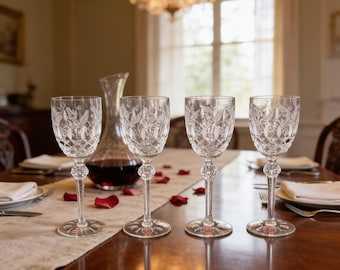 Vintage Crystal Wine Glasses - Celine Floral Etched Stemware, Set of 4