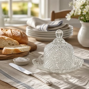 May include: A clear glass butter dish with a domed lid featuring a diamond-cut pattern and a faceted knob handle. The dish sits on a matching scalloped glass base, accompanied by a silver-toned metal butter knife and a small ceramic bowl of salt.
