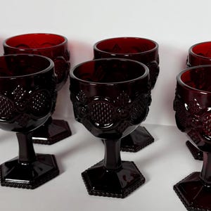 Vintage Avon Cape Cod Ruby Red Goblets, Pressed Glass Stemware, Set of 8