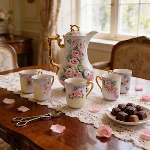 Vintage Hand-Painted Porcelain Chocolate Pot Set, Pink Roses & Gold Trim, Made in Japan