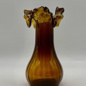 Vintage Amber Glass Vase - Ruffled Flared Rim, Retro Style