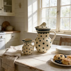 May include: Cream-colored ceramic pitcher and creamer set with navy blue polka dots and scalloped trim. The pitcher has a lid. The set is on a rustic white table, alongside a plate of scones and blueberries.