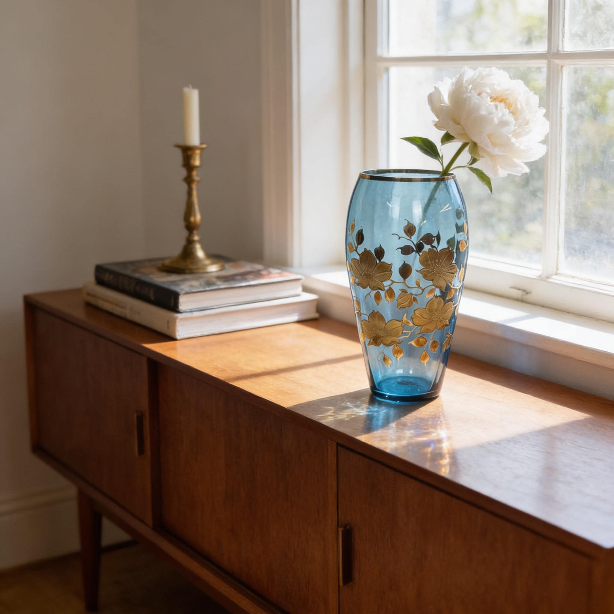 Blue Glass Vase: Vintage Floral Design (Gold Rim, Mid-Century)