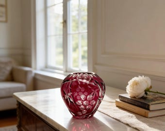Vintage Cranberry Crystal Vase: Hand-Cut Floral & Berry Design