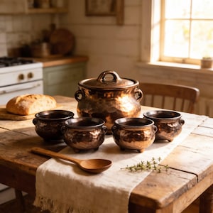 Vintage McCoy Pottery Bean Pot Set | Metallic Bronze Glaze Bean Pot with 4 Bowls