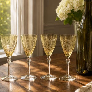Fostoria June Topaz Yellow 3oz Wine Glasses, Set of 4, Etched Crystal Stemware
