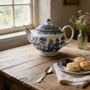 May include: A white ceramic teapot featuring a blue willow pattern with pagodas, trees, and birds. The teapot has a matching lid with a knob handle, a curved spout, and a looped handle. It is decorated with intricate blue illustrations on a white base.