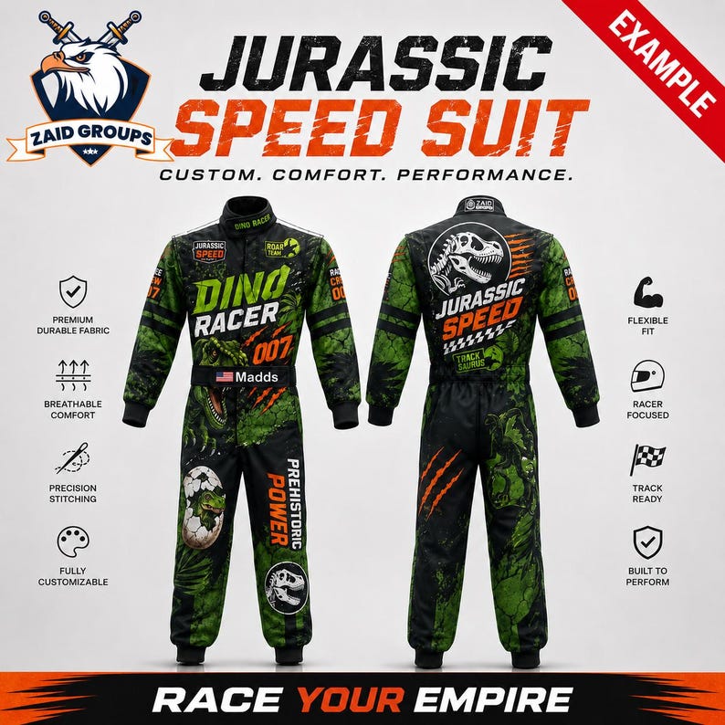 May include: A black and green racing suit featuring dinosaur graphics, the text JURASSIC SPEED SUIT, DINO RACER, 007, PREHISTORIC POWER, and JURASSIC SPEED. The suit includes a name tag reading Mads with a US flag, and various logos and icons.