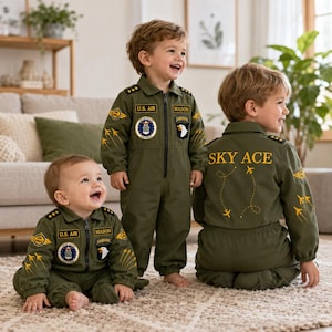 Custom Kids Pilot Jumpsuit, Personalized Military Aviator Costume, Name Patch Flight Coverall, Birthday Halloween Outfit