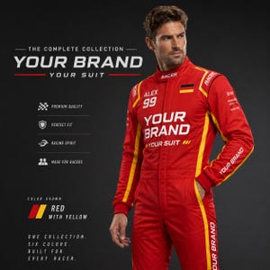 Custom racing suit for adults and kids shown in matching motorsport-inspired colors, featuring personalized name, number, flag, logo, and brand graphics. This durable racing-style overall has a 600D outer shell, terry cotton lining, stretch panels, sublimation print, and multiple color options for teams, birthday gifts, racing fans, promotional events, expos, cosplay, karting-style outfits, and custom motorsport-themed apparel.