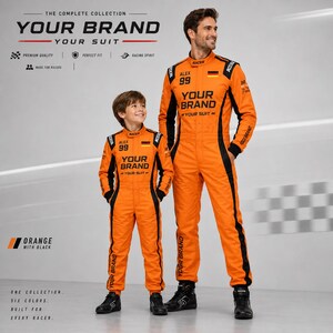 Custom racing suit for adults and kids shown in matching motorsport-inspired colors, featuring personalized name, number, flag, logo, and brand graphics. This durable racing-style overall has a 600D outer shell, terry cotton lining, stretch panels, sublimation print, and multiple color options for teams, birthday gifts, racing fans, promotional events, expos, cosplay, karting-style outfits, and custom motorsport-themed apparel.