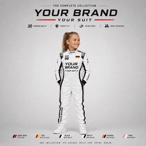 Custom racing suit for adults and kids shown in matching motorsport-inspired colors, featuring personalized name, number, flag, logo, and brand graphics. This durable racing-style overall has a 600D outer shell, terry cotton lining, stretch panels, sublimation print, and multiple color options for teams, birthday gifts, racing fans, promotional events, expos, cosplay, karting-style outfits, and custom motorsport-themed apparel.