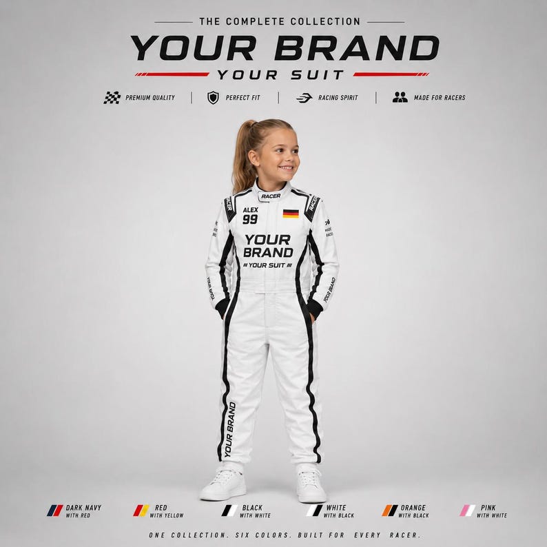 Custom racing suit for adults and kids shown in matching motorsport-inspired colors, featuring personalized name, number, flag, logo, and brand graphics. This durable racing-style overall has a 600D outer shell, terry cotton lining, stretch panels, sublimation print, and multiple color options for teams, birthday gifts, racing fans, promotional events, expos, cosplay, karting-style outfits, and custom motorsport-themed apparel.