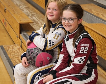Personalized Kids Racing Jumpsuit, Race Car Outfit for Girls & Youth, Custom Name Number Birthday Halloween Costume