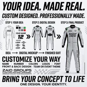 May include: An infographic displaying a custom racing suit design process. It features a line drawing, a digital mockup, and a finished white, black, and green racing suit. Text includes YOUR IDEA. MADE REAL., CUSTOMIZE YOUR WAY, and ZAID GROUPS.