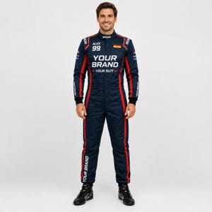 Custom racing suit for adults and kids shown in matching motorsport-inspired colors, featuring personalized name, number, flag, logo, and brand graphics. This durable racing-style overall has a 600D outer shell, terry cotton lining, stretch panels, sublimation print, and multiple color options for teams, birthday gifts, racing fans, promotional events, expos, cosplay, karting-style outfits, and custom motorsport-themed apparel.