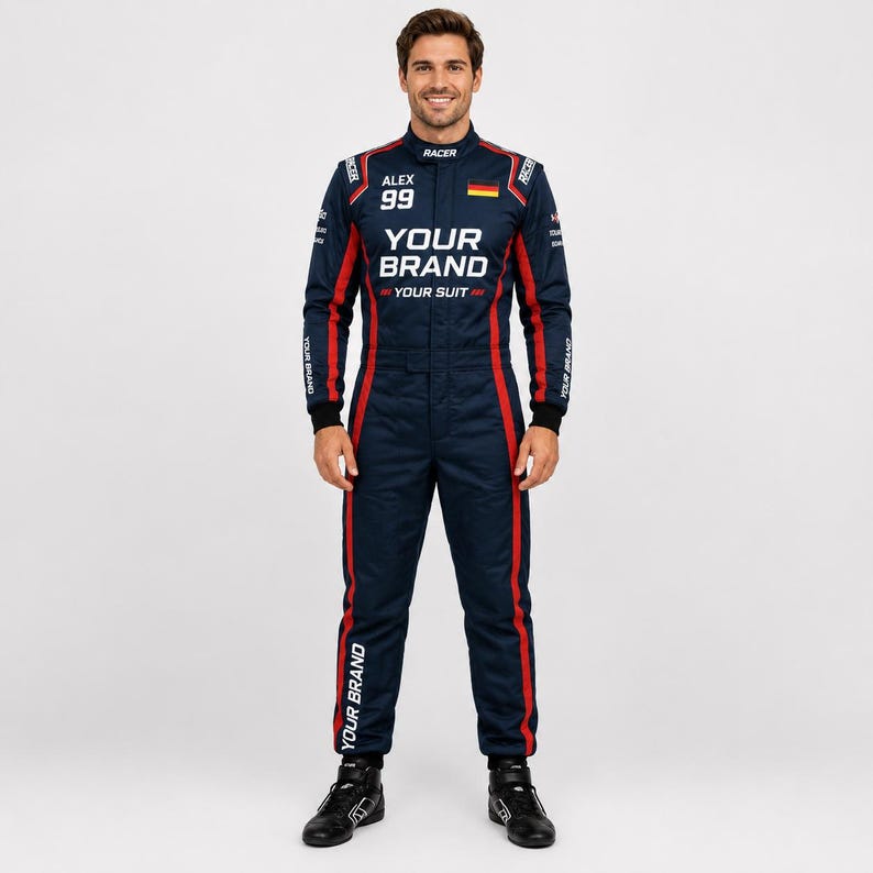 Custom racing suit for adults and kids shown in matching motorsport-inspired colors, featuring personalized name, number, flag, logo, and brand graphics. This durable racing-style overall has a 600D outer shell, terry cotton lining, stretch panels, sublimation print, and multiple color options for teams, birthday gifts, racing fans, promotional events, expos, cosplay, karting-style outfits, and custom motorsport-themed apparel.