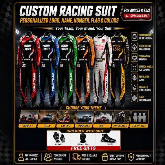 Custom Racing Suit for Adults Kids, Personalized Logo Karting Jumpsuit