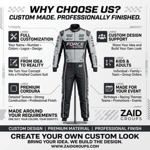 May include: A white and black racing suit on a stand, featuring the text FORCE RACING, SPEED RIVAL, and 91. The image includes text detailing custom design services, full customization, premium cordura material, and availability for kids and adults.