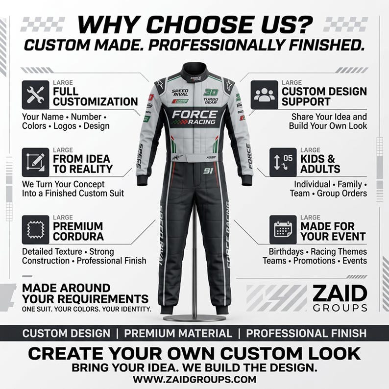 May include: A white and black racing suit on a stand, featuring the text FORCE RACING, SPEED RIVAL, and 91. The image includes text detailing custom design services, full customization, premium cordura material, and availability for kids and adults.
