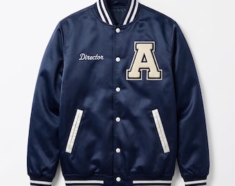 Custom Navy Varsity Jacket, Personalized Satin Letterman Jacket with Name Initials Class Year School Team Logo for Youth Adults