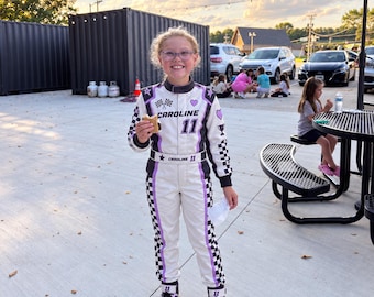 Personalized Girls Racing Suit, Kids Racing Jumpsuit, Custom Name Number Race Car Outfit, Birthday Costume