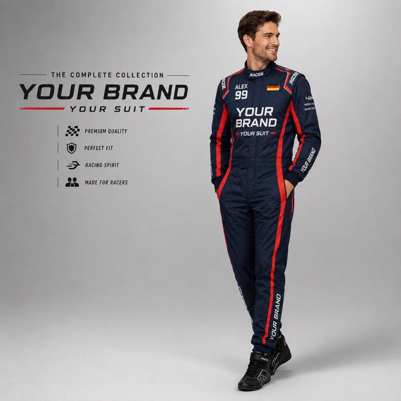 Custom racing suit for adults and kids shown in matching motorsport-inspired colors, featuring personalized name, number, flag, logo, and brand graphics. This durable racing-style overall has a 600D outer shell, terry cotton lining, stretch panels, sublimation print, and multiple color options for teams, birthday gifts, racing fans, promotional events, expos, cosplay, karting-style outfits, and custom motorsport-themed apparel.