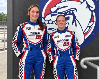 Personalized Girls Racing Suit, Kids Racing Jumpsuit, Custom Name Number Race Car Outfit, Matching Youth Racing Costume