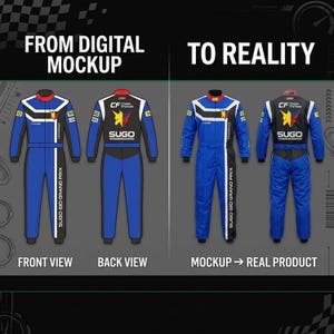 May include: A comparison of a digital mockup and a physical racing suit. The suit is blue, black, and white with red accents, featuring the text SUGO GIO GRAND PRIX, CF Gaber Formale, and a stylized yellow and red logo on the chest and back panels.