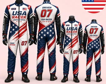 Personalized USA Flag Racing Jumpsuit Kids Adults, American Racer Suit Add Name Flag, Custom Patriotic Racing Costume