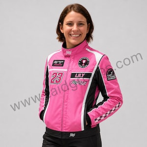 May include: A bright pink racing jacket featuring black and white side panels, a high collar with a checkered flag patch, the number 23, the name LILY, and various circular and rectangular patches with text including DRIVEN BY PASSION and FEARLESS.