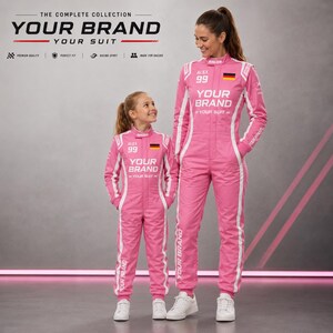 Custom racing suit for adults and kids shown in matching motorsport-inspired colors, featuring personalized name, number, flag, logo, and brand graphics. This durable racing-style overall has a 600D outer shell, terry cotton lining, stretch panels, sublimation print, and multiple color options for teams, birthday gifts, racing fans, promotional events, expos, cosplay, karting-style outfits, and custom motorsport-themed apparel.