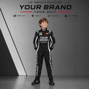 Custom racing suit for adults and kids shown in matching motorsport-inspired colors, featuring personalized name, number, flag, logo, and brand graphics. This durable racing-style overall has a 600D outer shell, terry cotton lining, stretch panels, sublimation print, and multiple color options for teams, birthday gifts, racing fans, promotional events, expos, cosplay, karting-style outfits, and custom motorsport-themed apparel.