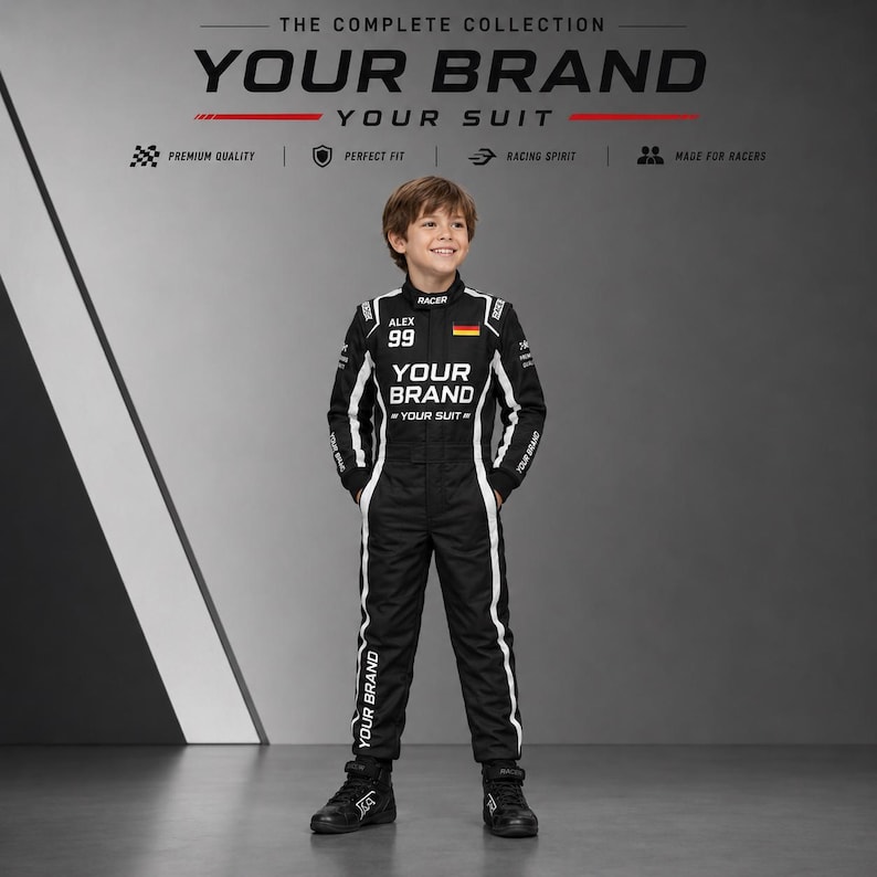 Custom racing suit for adults and kids shown in matching motorsport-inspired colors, featuring personalized name, number, flag, logo, and brand graphics. This durable racing-style overall has a 600D outer shell, terry cotton lining, stretch panels, sublimation print, and multiple color options for teams, birthday gifts, racing fans, promotional events, expos, cosplay, karting-style outfits, and custom motorsport-themed apparel.