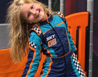 Personalized Kids Racing Jumpsuit, Race Car Outfit for Girls & Youth, Custom Name Number Birthday Halloween Costume
