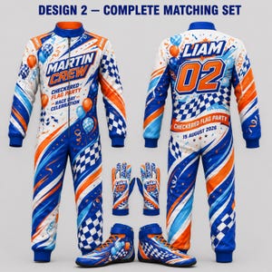 May include: A racing jumpsuit, gloves, and high-top shoes set featuring blue, orange, and white colors. The jumpsuit displays the text MARTIN CREW, CHECKERED FLAG PARTY, RACE DAY CELEBRATION, LIAM, 02, and 15 AUGUST 2026 with balloon graphics.