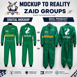 May include: A green racing suit featuring multiple sponsor logos including Eaton, Genesis, J.Crew, and StanleyBlack&Decker on the front, with the Zenlytic logo on the back. The suit is displayed as both a digital mockup and a physical product.