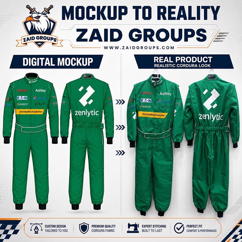 May include: A green racing suit featuring multiple sponsor logos including Eaton, Genesis, J.Crew, and StanleyBlack&Decker on the front, with the Zenlytic logo on the back. The suit is displayed as both a digital mockup and a physical product.