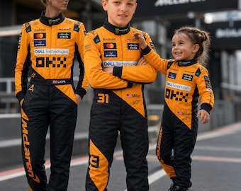 Formula 1 McLaren Racing Overall, Oscar Piastri and Lando Norris Suit, Custom Name Flag Karting Jumpsuit for Adults and Kids
