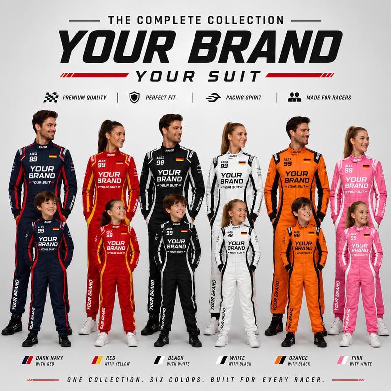 Custom racing suit for adults and kids shown in matching motorsport-inspired colors, featuring personalized name, number, flag, logo, and brand graphics. This durable racing-style overall has a 600D outer shell, terry cotton lining, stretch panels, sublimation print, and multiple color options for teams, birthday gifts, racing fans, promotional events, expos, cosplay, karting-style outfits, and custom motorsport-themed apparel.