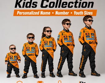 Tuta da corsa McLaren per bambini, personalizzabile con nome e numero, completo da Formula 1