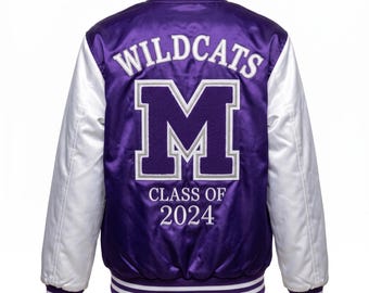 Custom Senior Class Varsity Jacket, Personalized Purple Satin Letterman Jacket with Name Class Year School Logo Patches for Youth