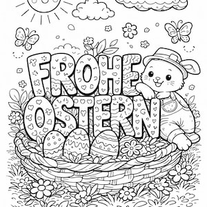 Può includere: Illustrazione in bianco e nero con il testo tedesco "FROHE OSTERN" sopra un cesto pieno di uova di Pasqua decorate. Un coniglietto dei cartoni animati con una tuta e un cappello è seduto accanto al cesto, con un sole sorridente e nuvole sullo sfondo.