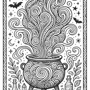 Puede incluir: Ilustración en blanco y negro de un caldero de bruja con vapor arremolinado, murciélagos, lunas y estrellas. El caldero está decorado con patrones intrincados y se asienta sobre tres patas. También incluye botellas de pociones, cristales y follaje.