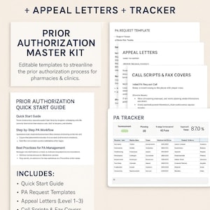 May include: A Prior Authorization Master Kit with editable templates for pharmacies and clinics. The kit includes a quick start guide, PA request templates, appeal letters, and call scripts. The image also shows a PA tracker with data.
