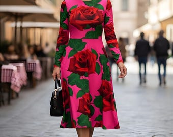 Rose Midi Dress for Women, Floral Long Sleeve Dress, Pink Rose Dress, Cottagecore Fashio